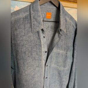 BOSS Orange Linen Washed Blue Button-Up Shirt